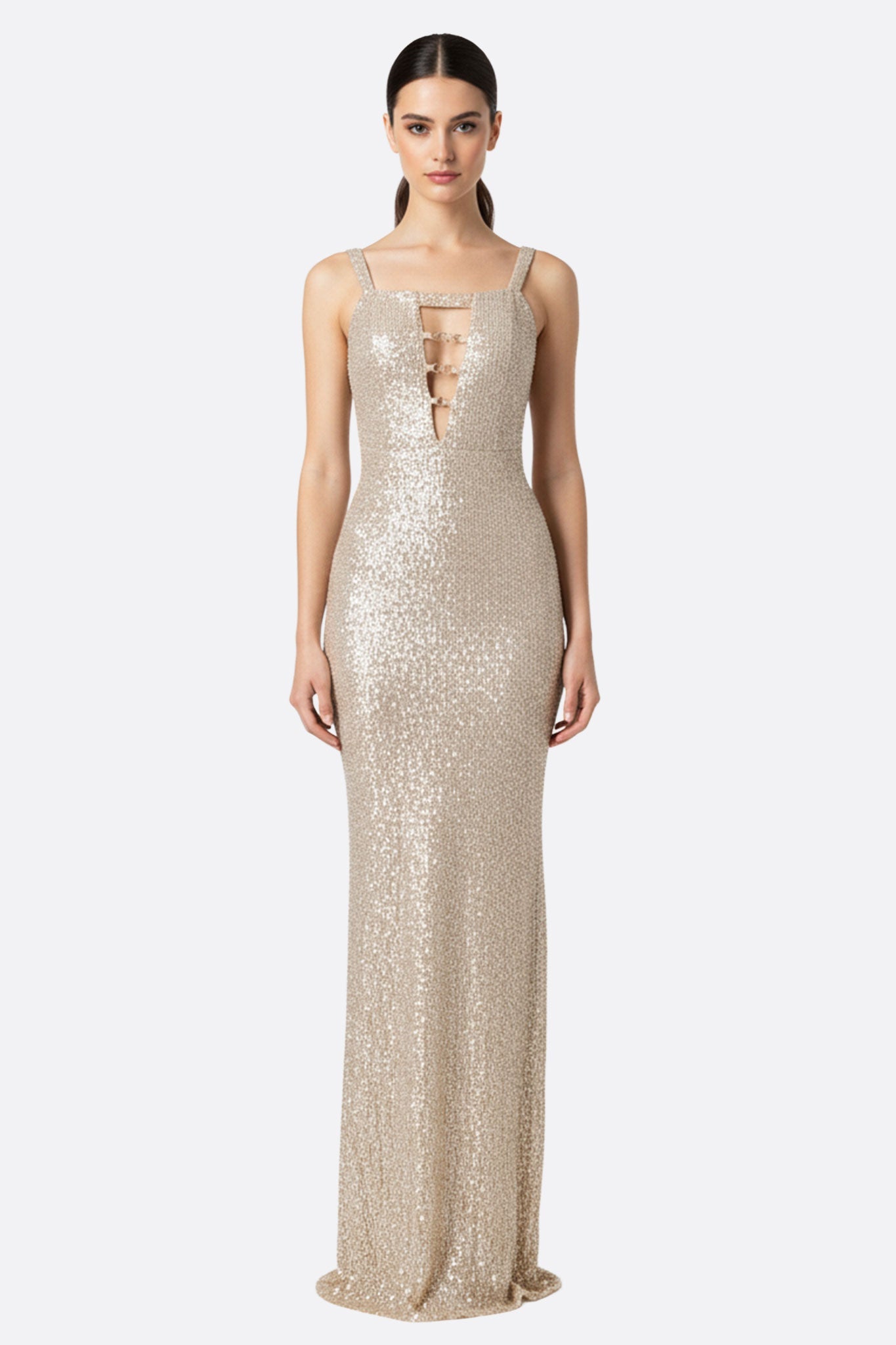 Vestido largo dorado champán con lentejuelas