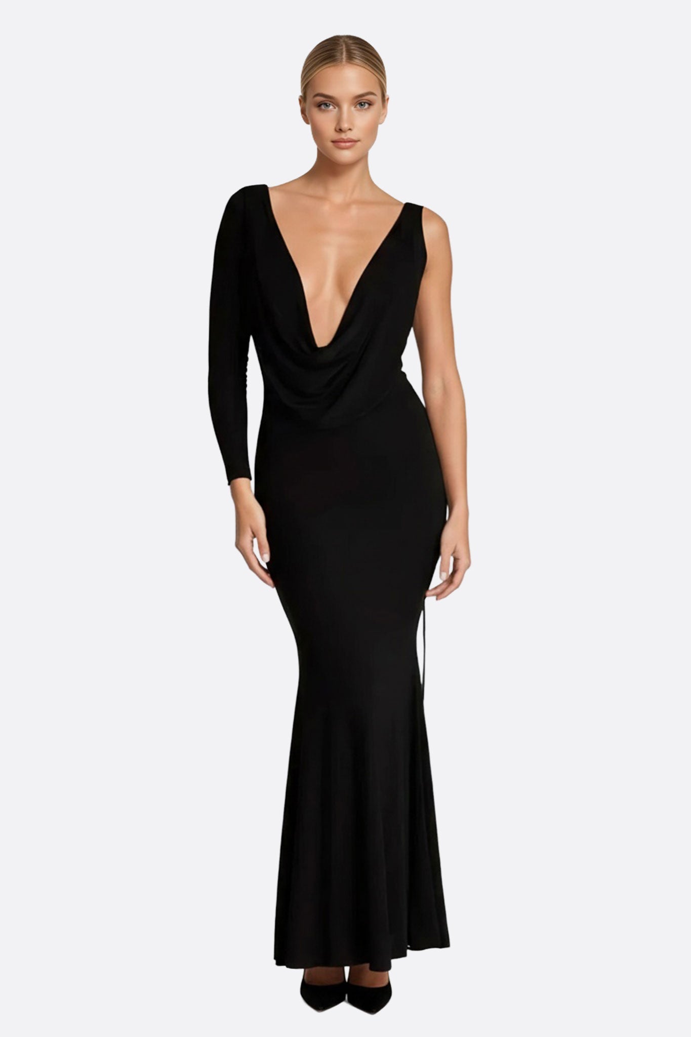 Vestido largo negro con escote en pico y cordones