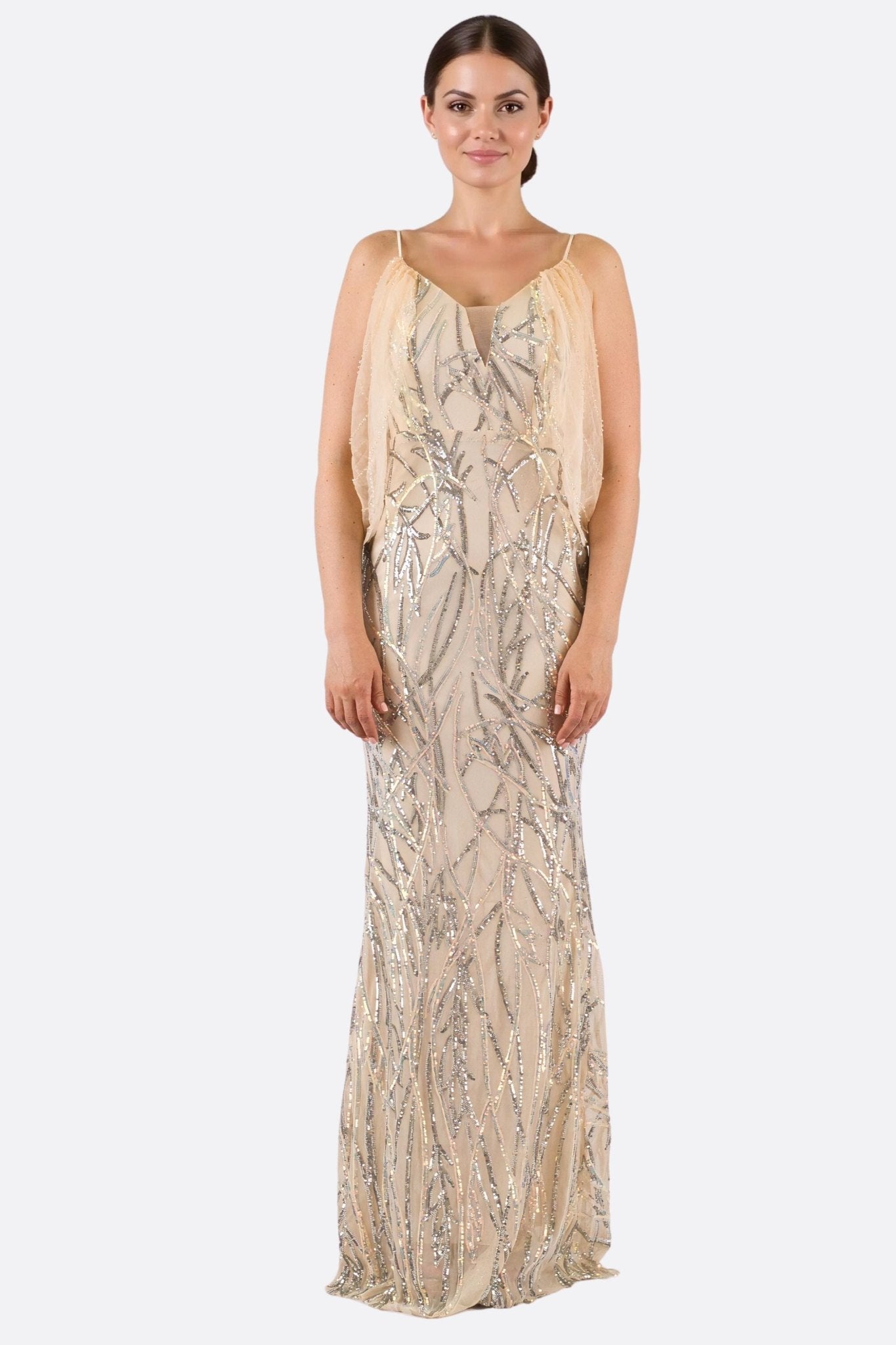 Vestido largo nude con lentejuelas plateadas Drapé aéreo
