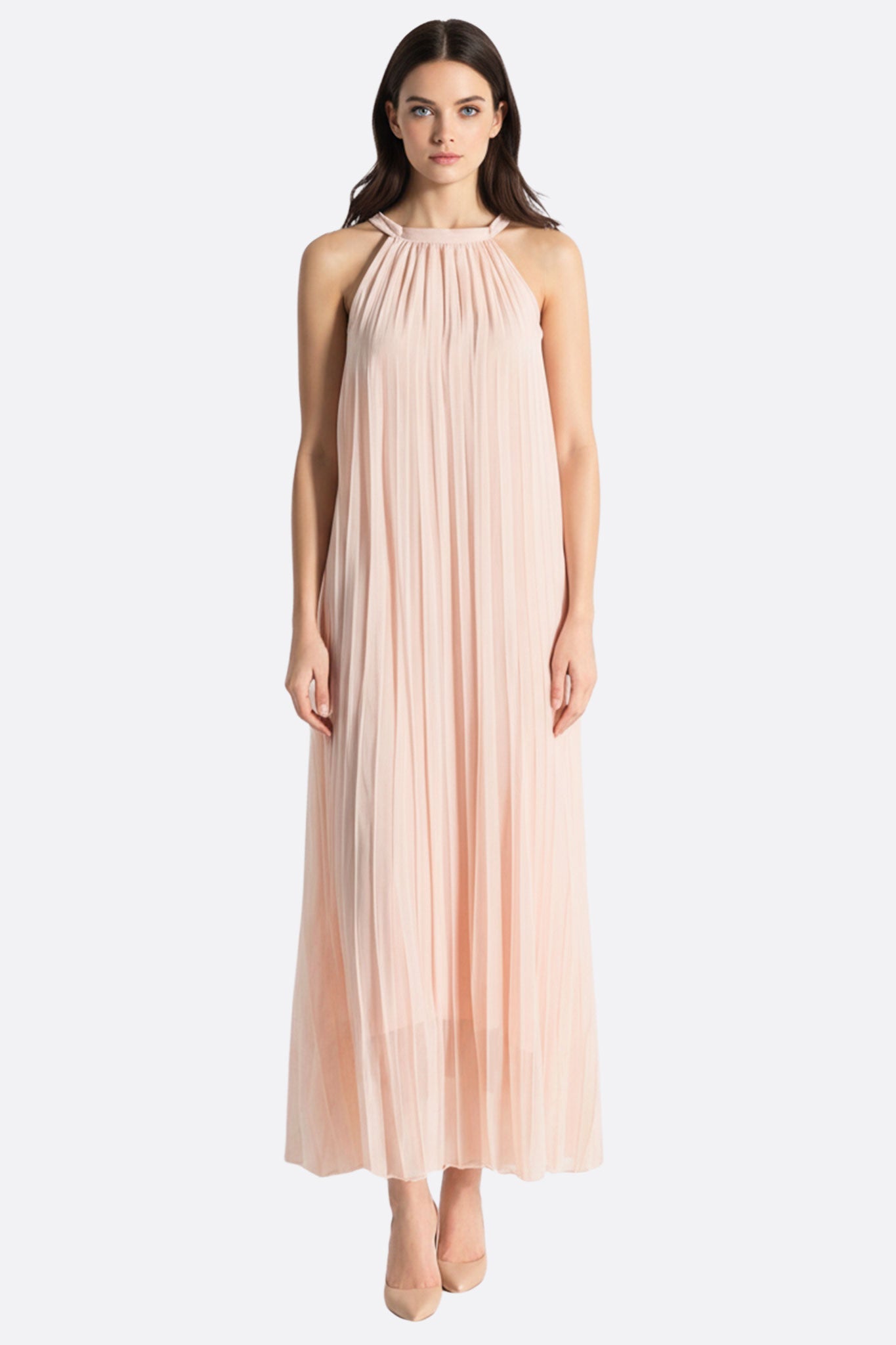 Vestido largo plisado de gasa rosa empolvado