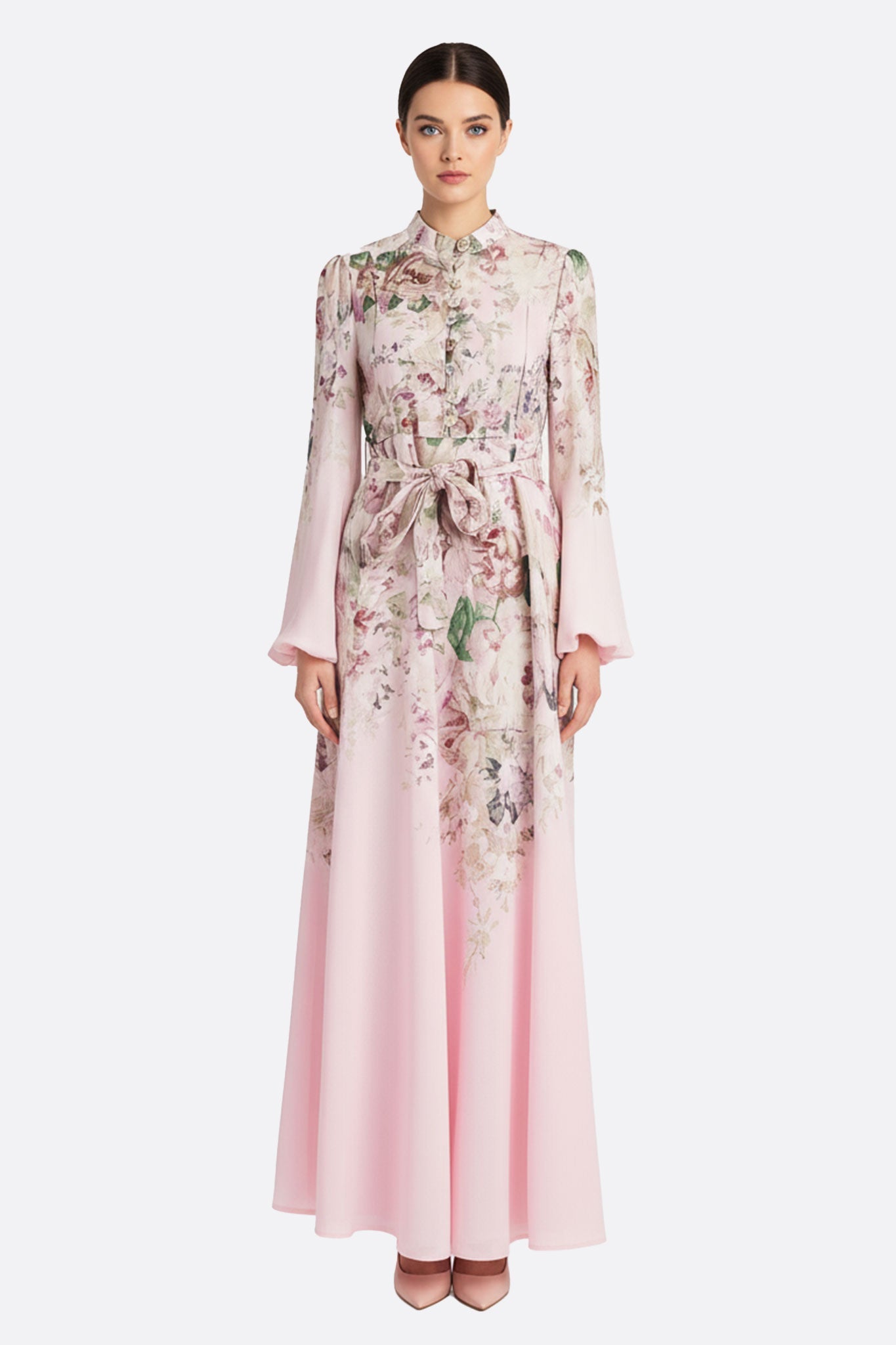 Vestido largo rosa con estampado floral y botones de joya