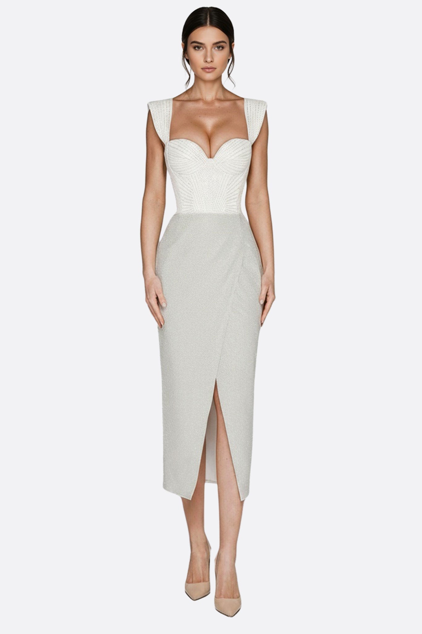 Vestido midi con corsé blanco bordado y abertura frontal