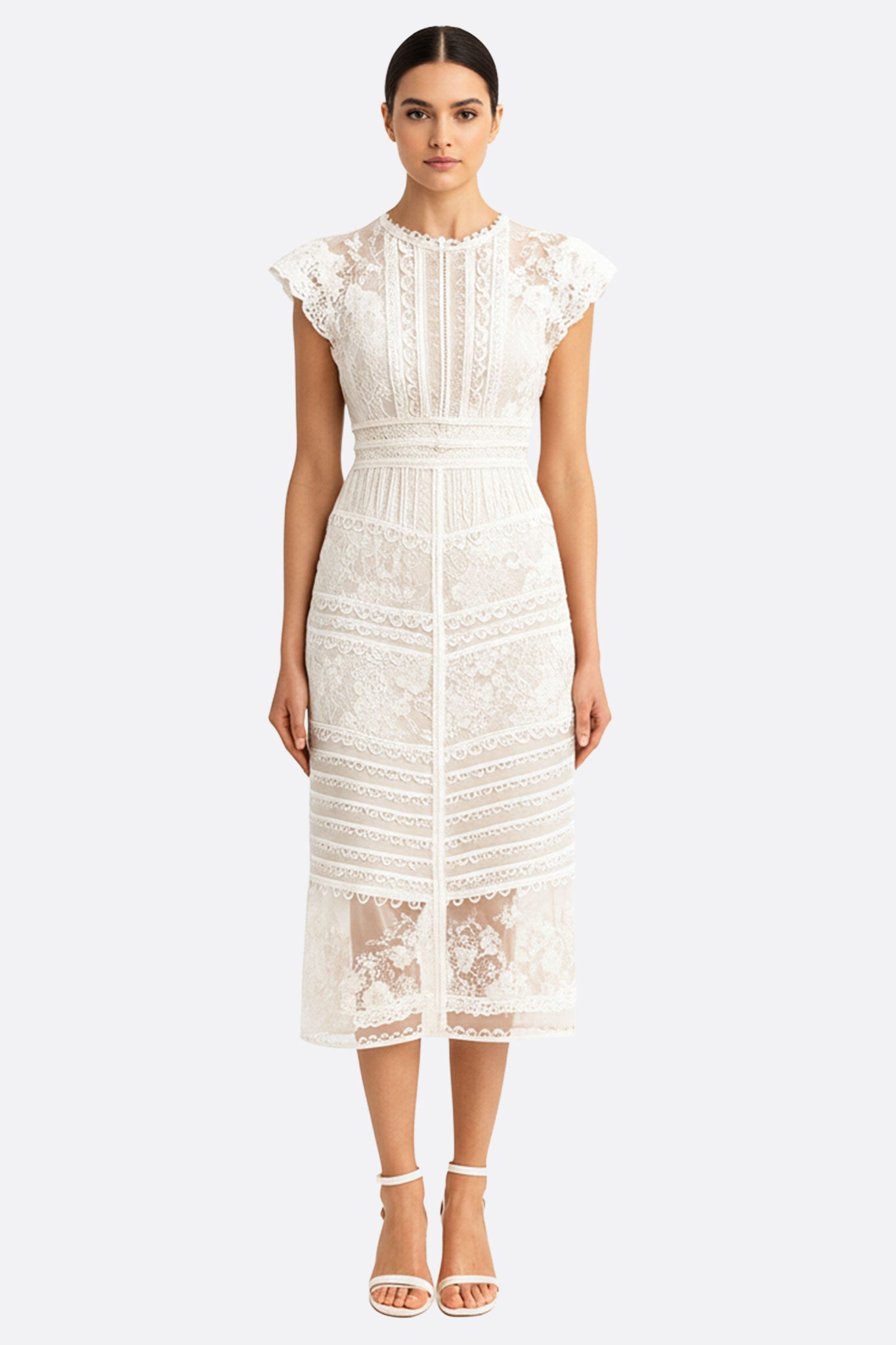 Vestido midi bohemio de manga corta en encaje blanco