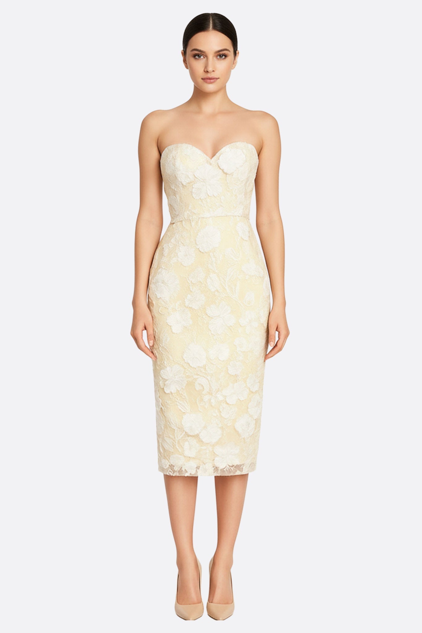 Vestido midi strapless transparente con encaje floral