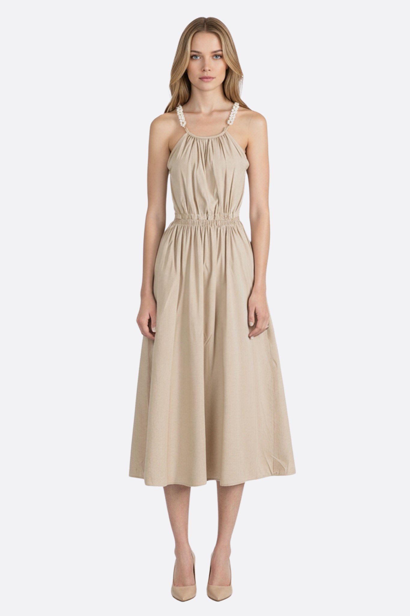 Vestido midi con espalda descubierta de lino natural con perlas