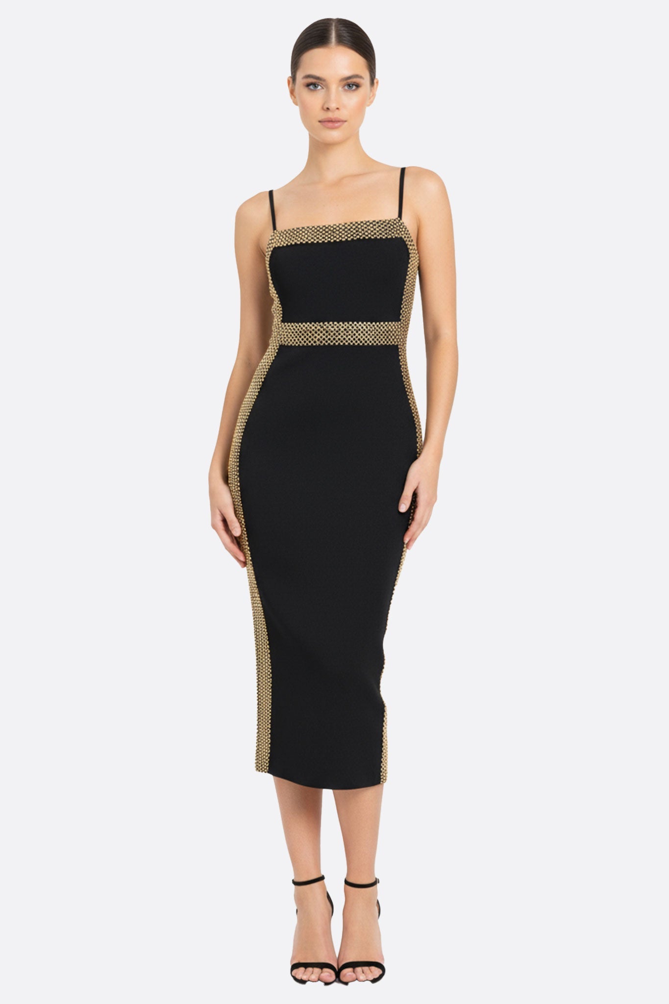 Vestido negro midi de punto escultural dorado
