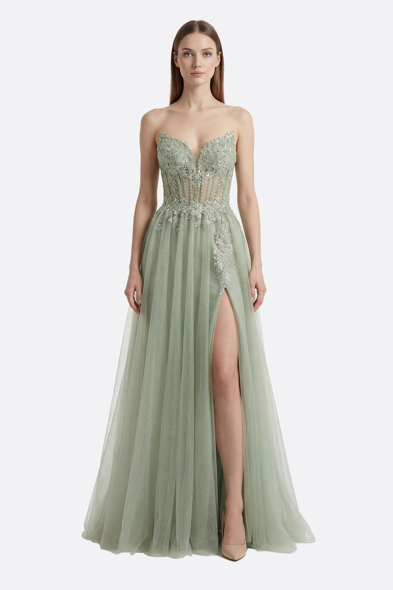 Vestido de noche largo verde con corsé de perlas, escote profundo y falda de tul abierta