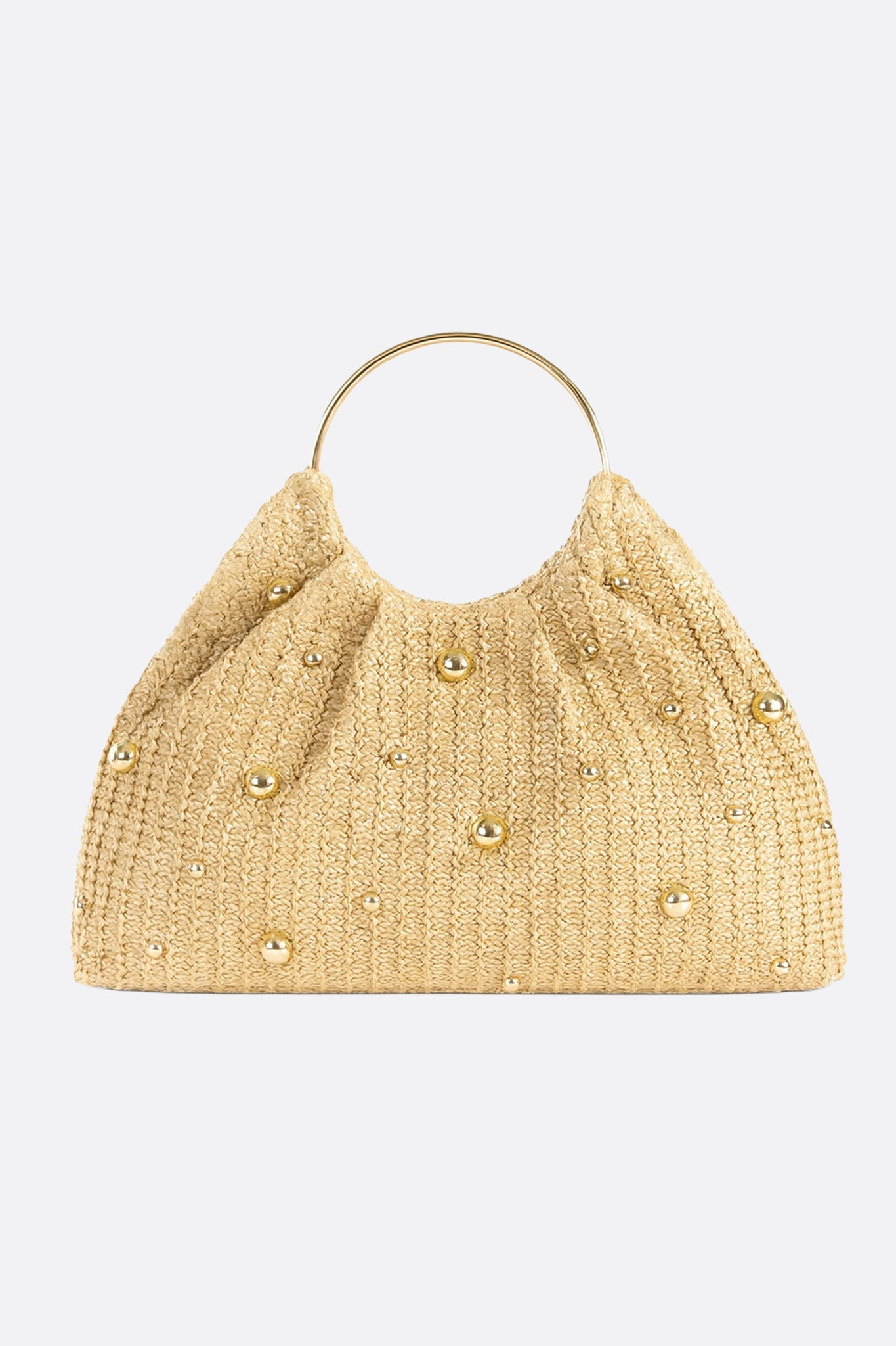 Bolso tote de rafia dorada adornado con cuentas doradas