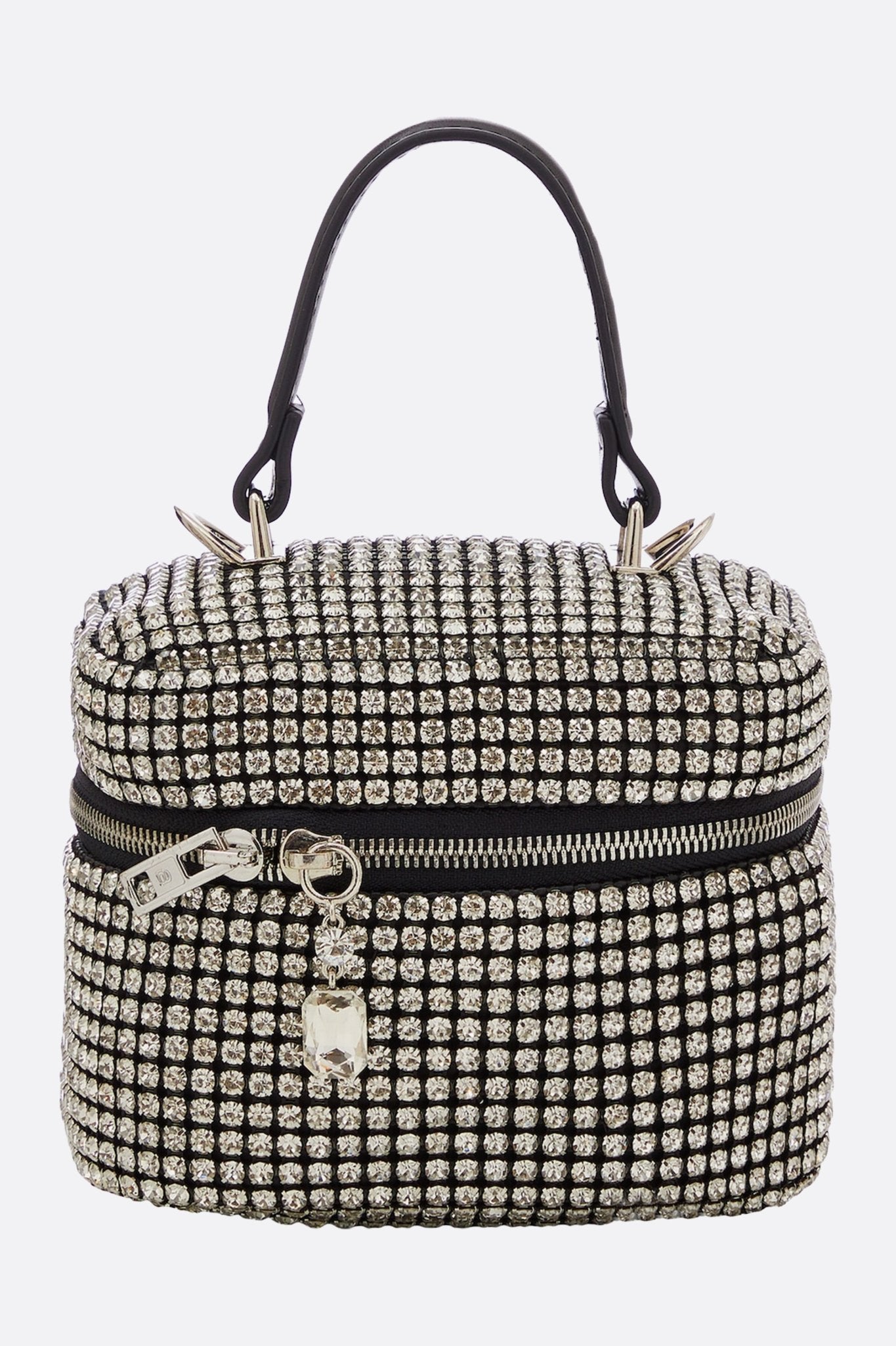 Bolso de noche compacto con cristales plateados y correa desmontable