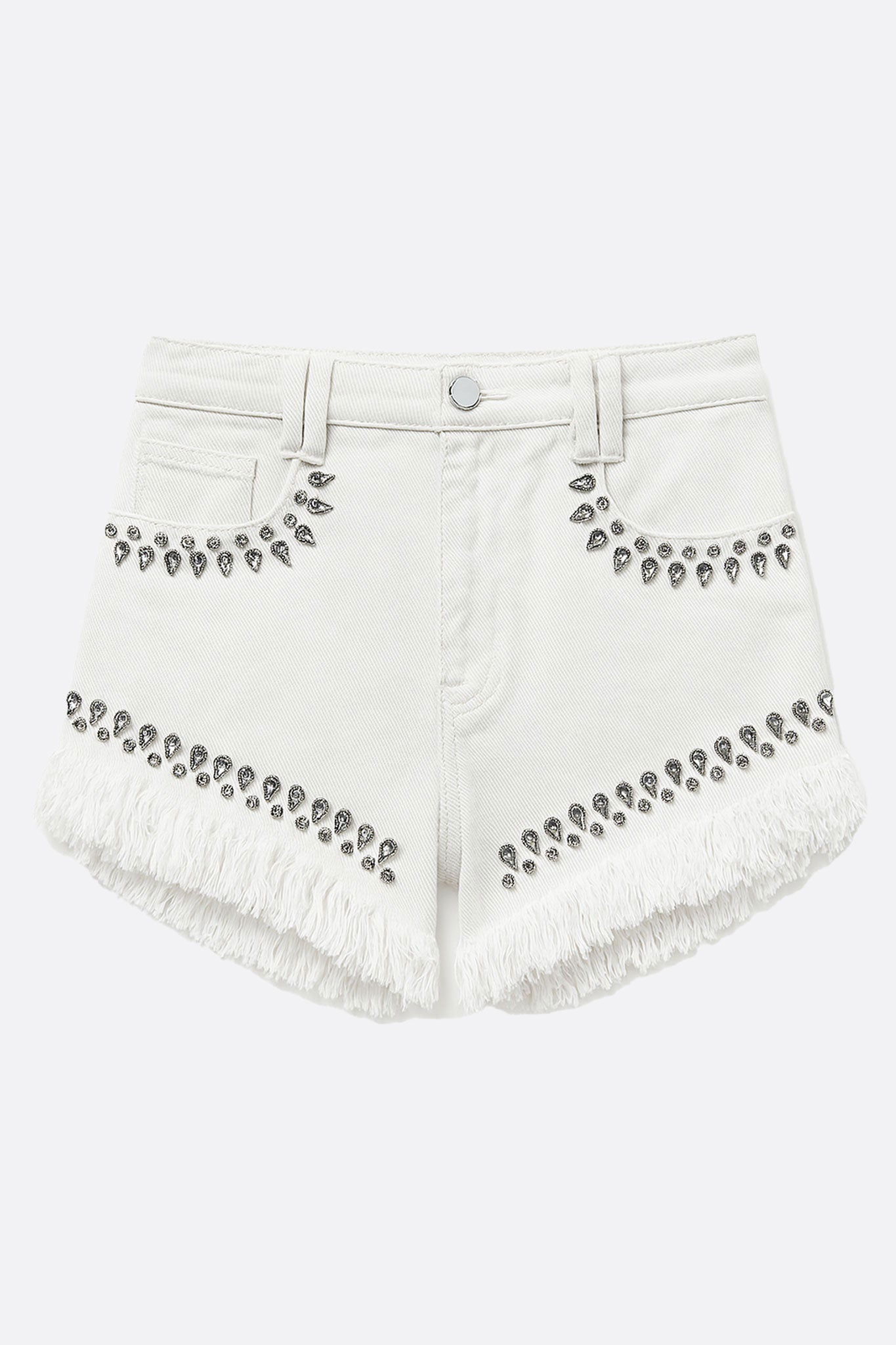 Short de denim blanco con flecos y strass brillantes