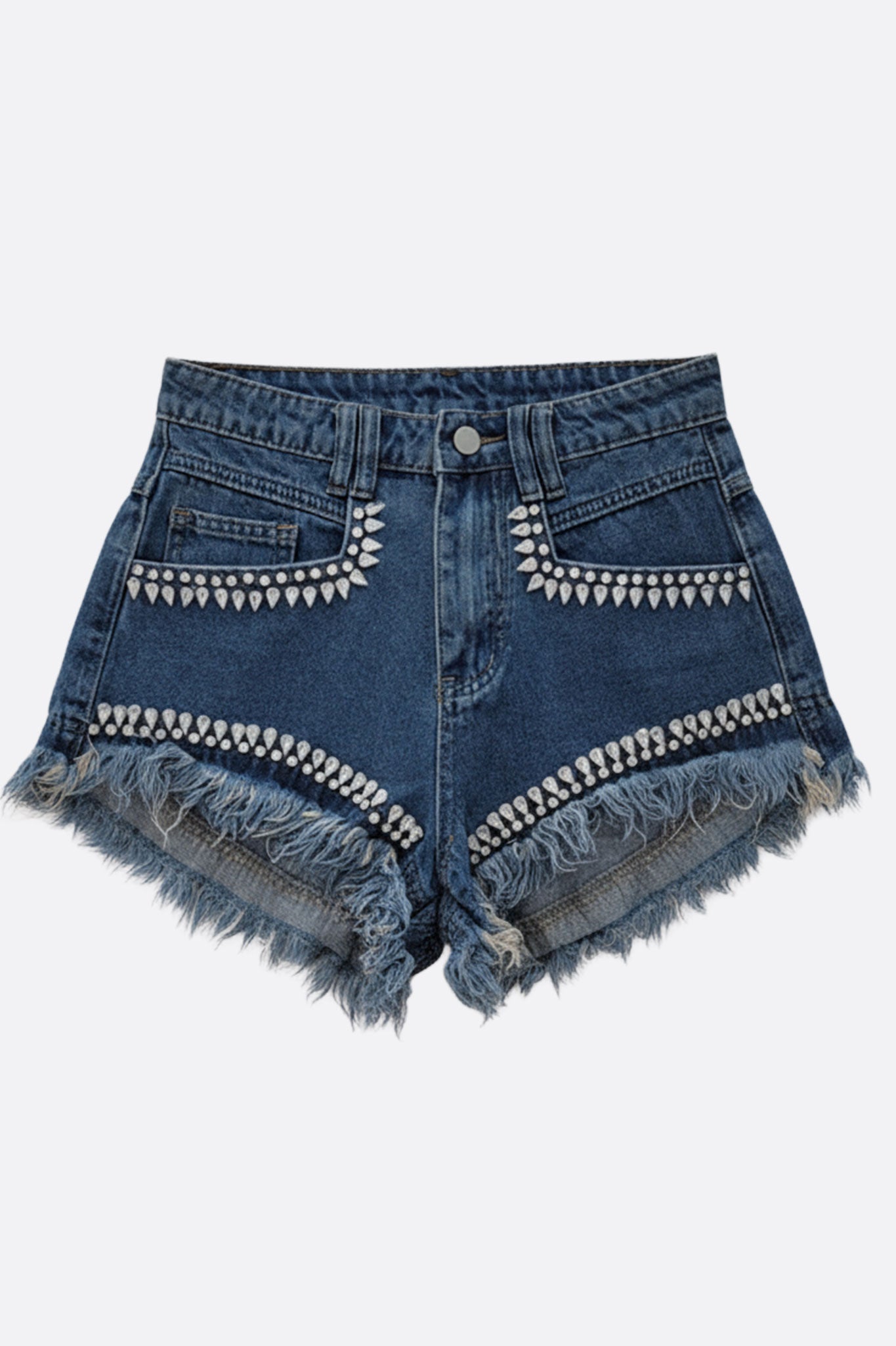 Short de mezclilla azul con flecos y strass brillantes