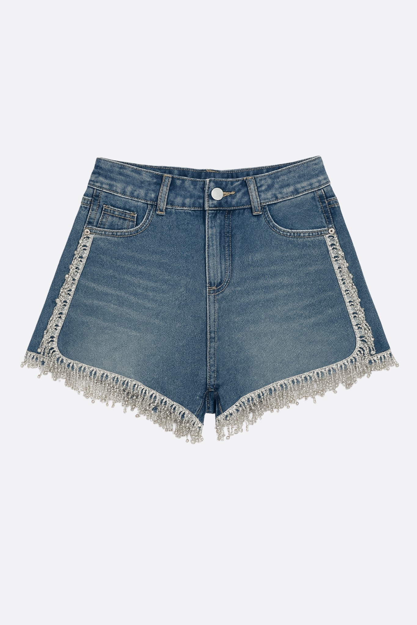 Short de mezclilla adornado con strass plateados