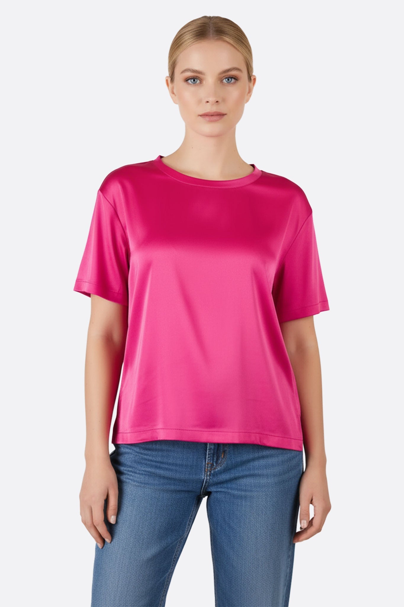 Camiseta de manga corta en satén fucsia