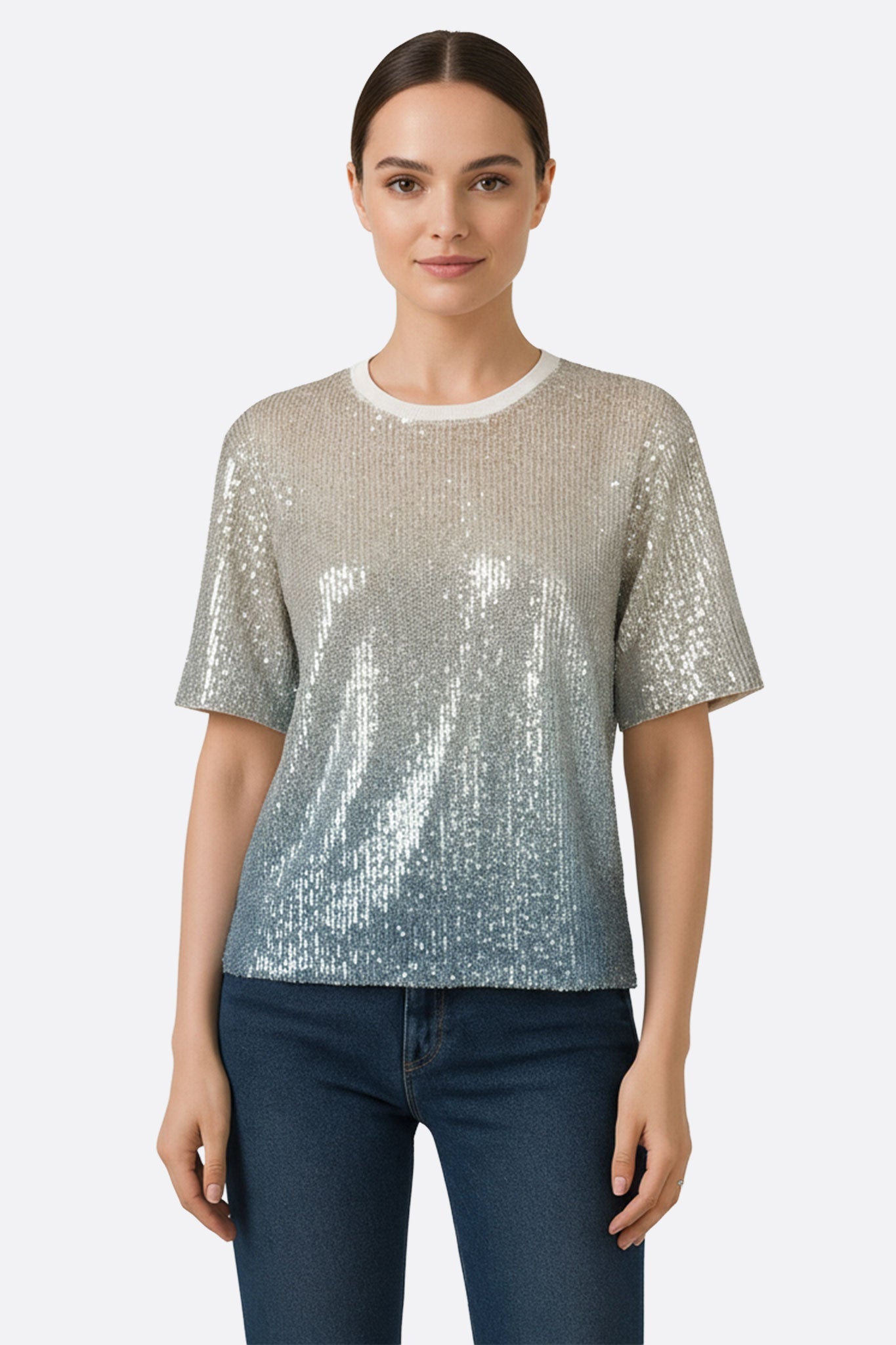 Camiseta de lentejuelas degradadas en beige y azul