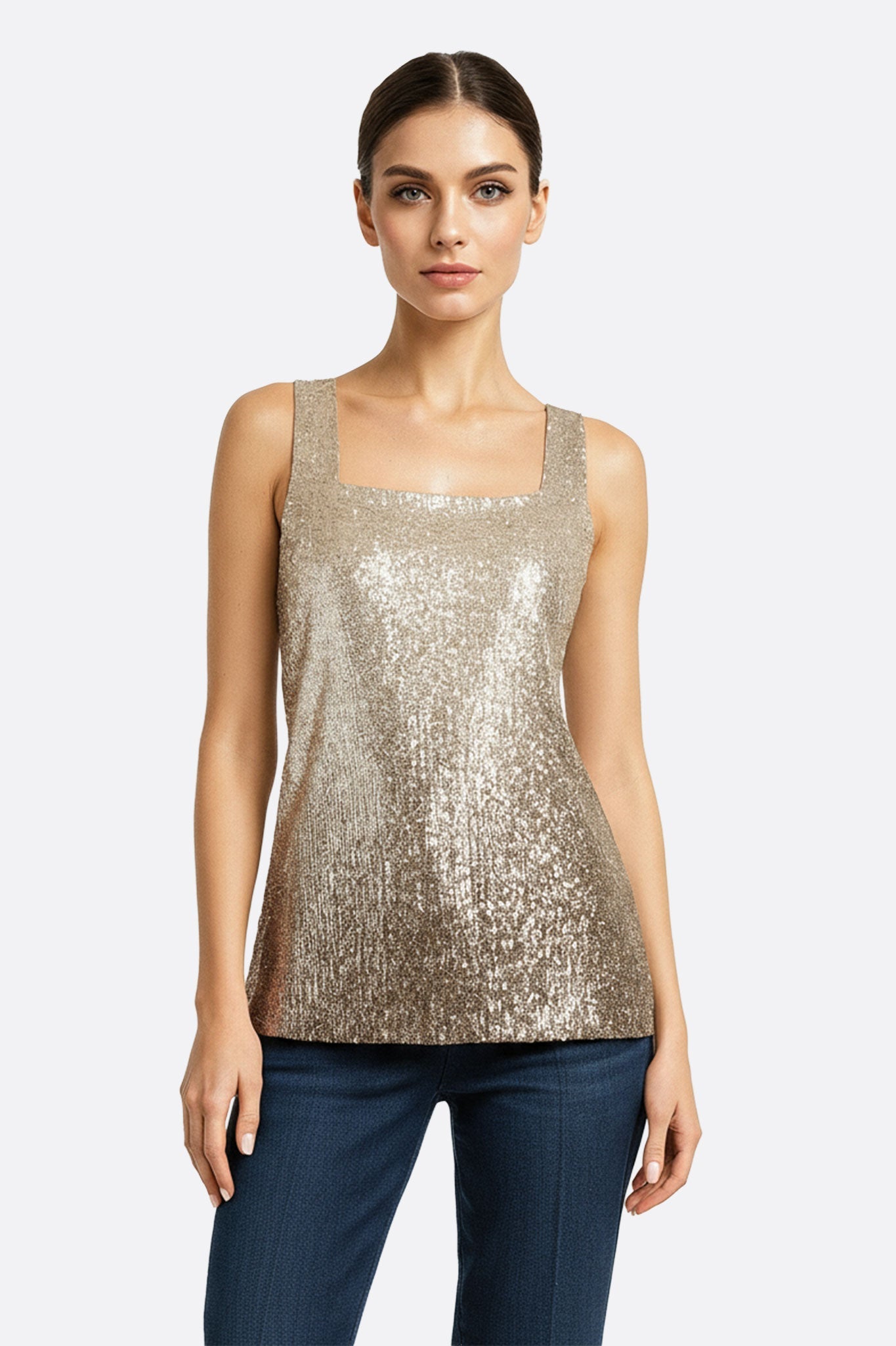 Camiseta de lentejuelas degradadas en beige empolvado y bronce