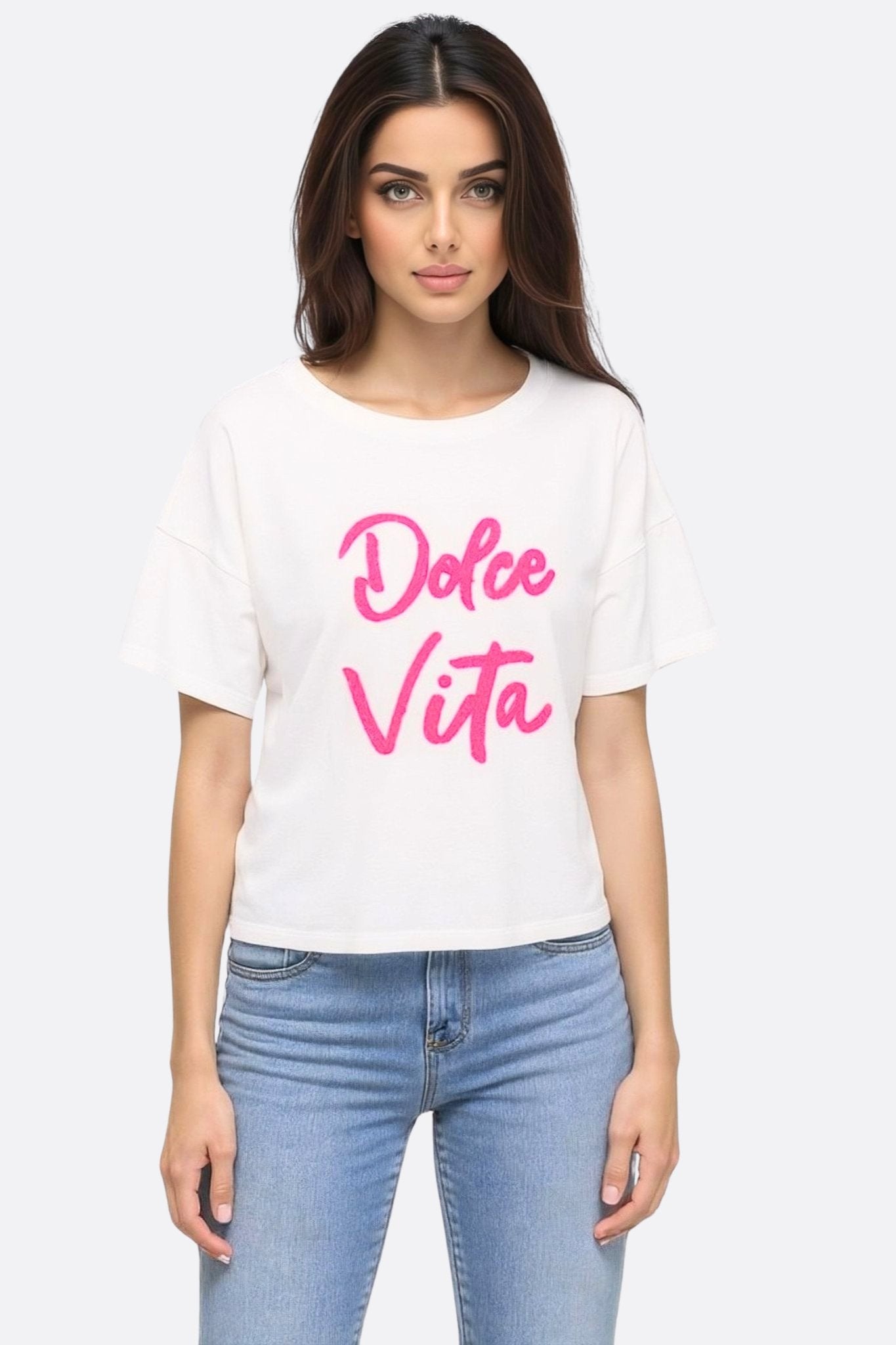 Camiseta blanca bordada Dolce Vita de mangas caídas