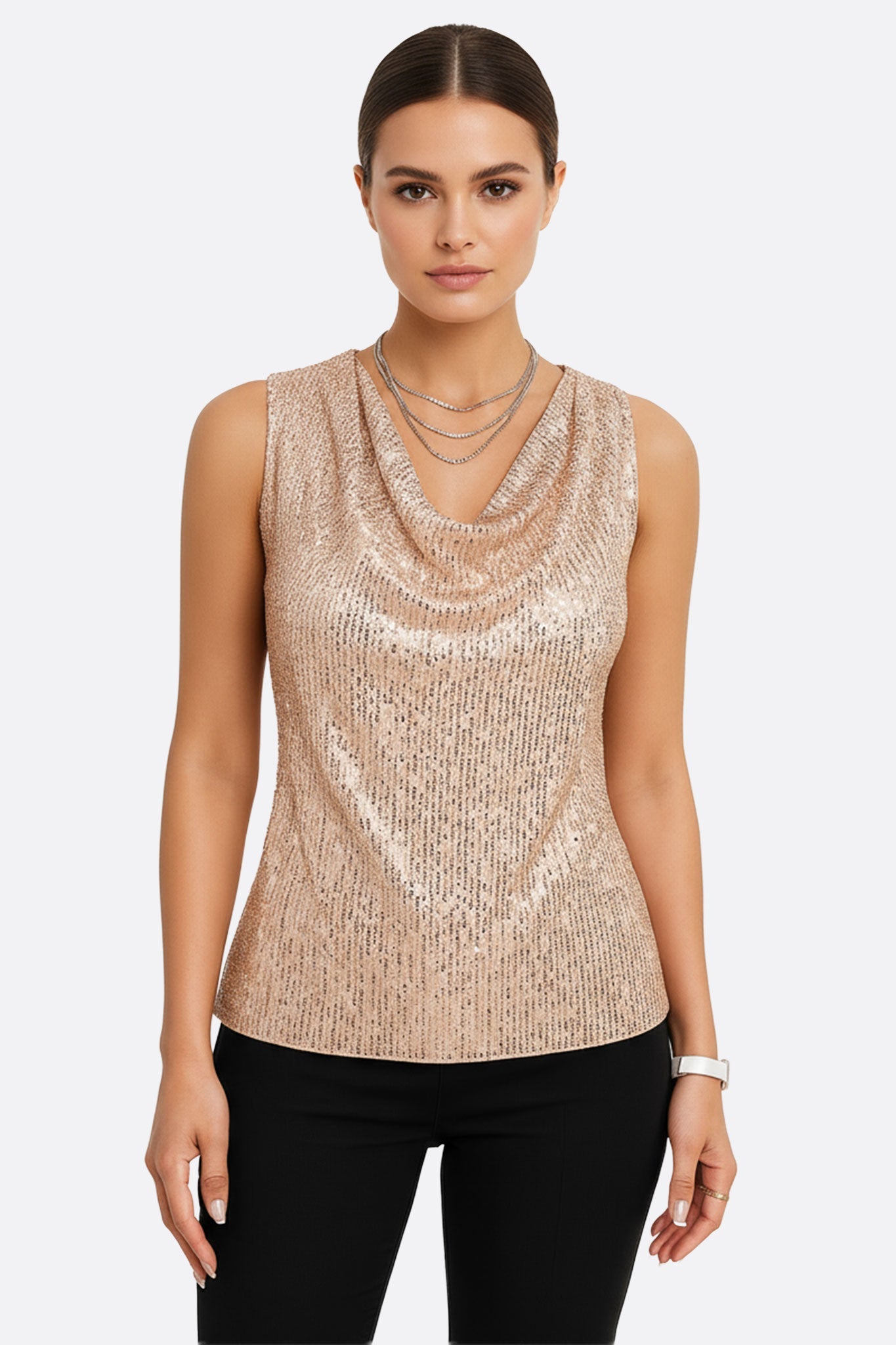 Top beige sin mangas con lentejuelas