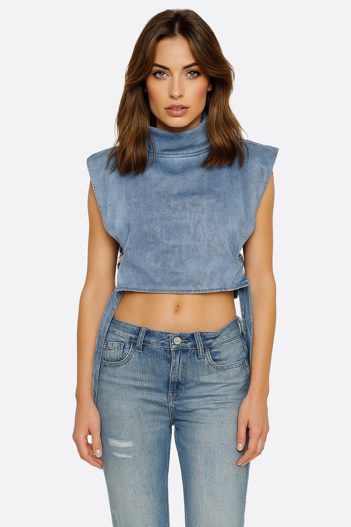 Top bustier de denim estructurado con hebilla metálica