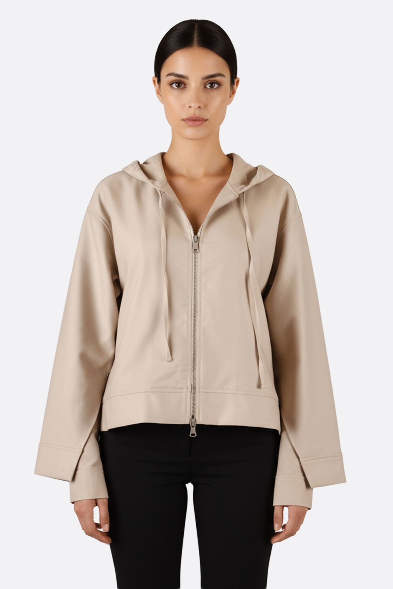 Chaqueta con capucha de algodón beige con cremallera
