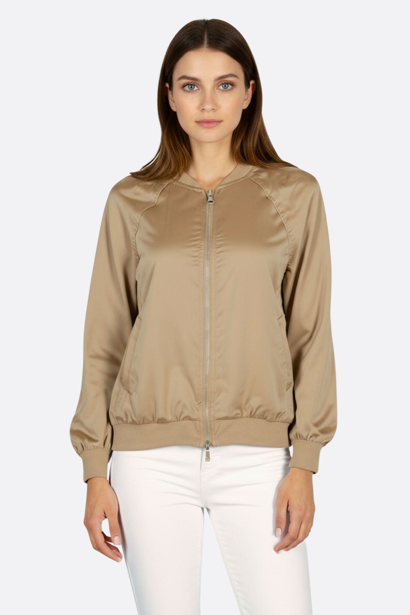 Chaqueta bomber satinada beige topo con cremallera