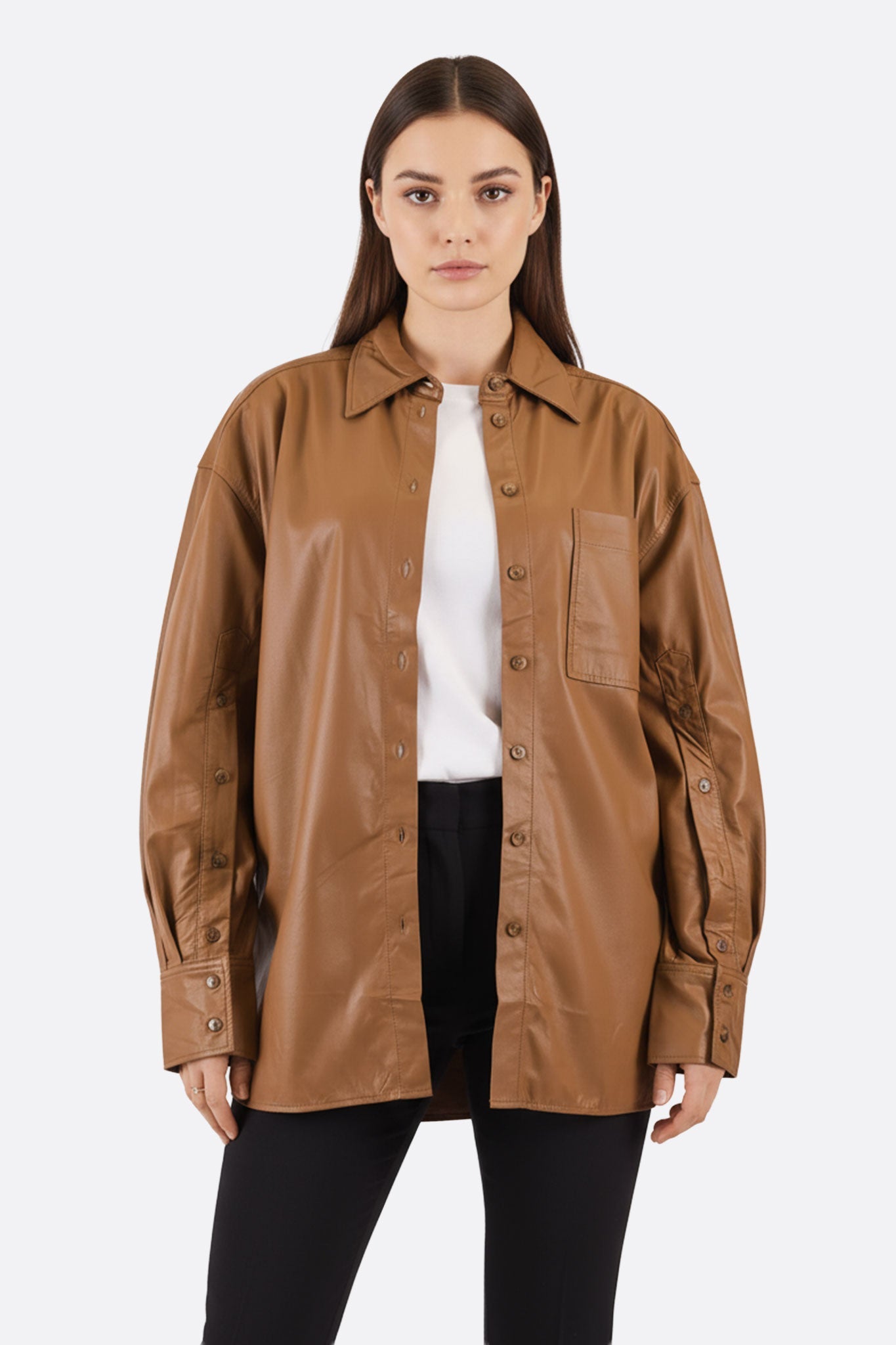Camisa oversize de similcuero marrón