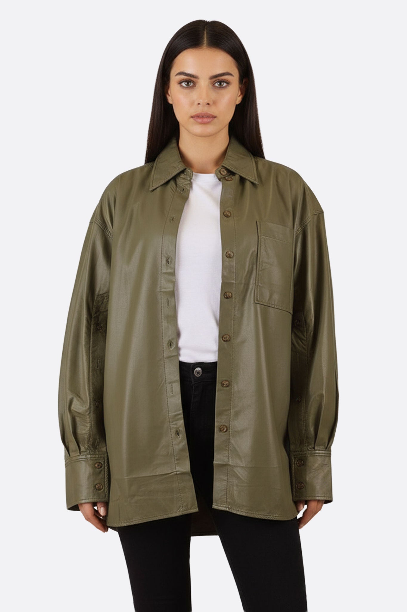 Sobrecamisa oversize de polipiel verde caqui