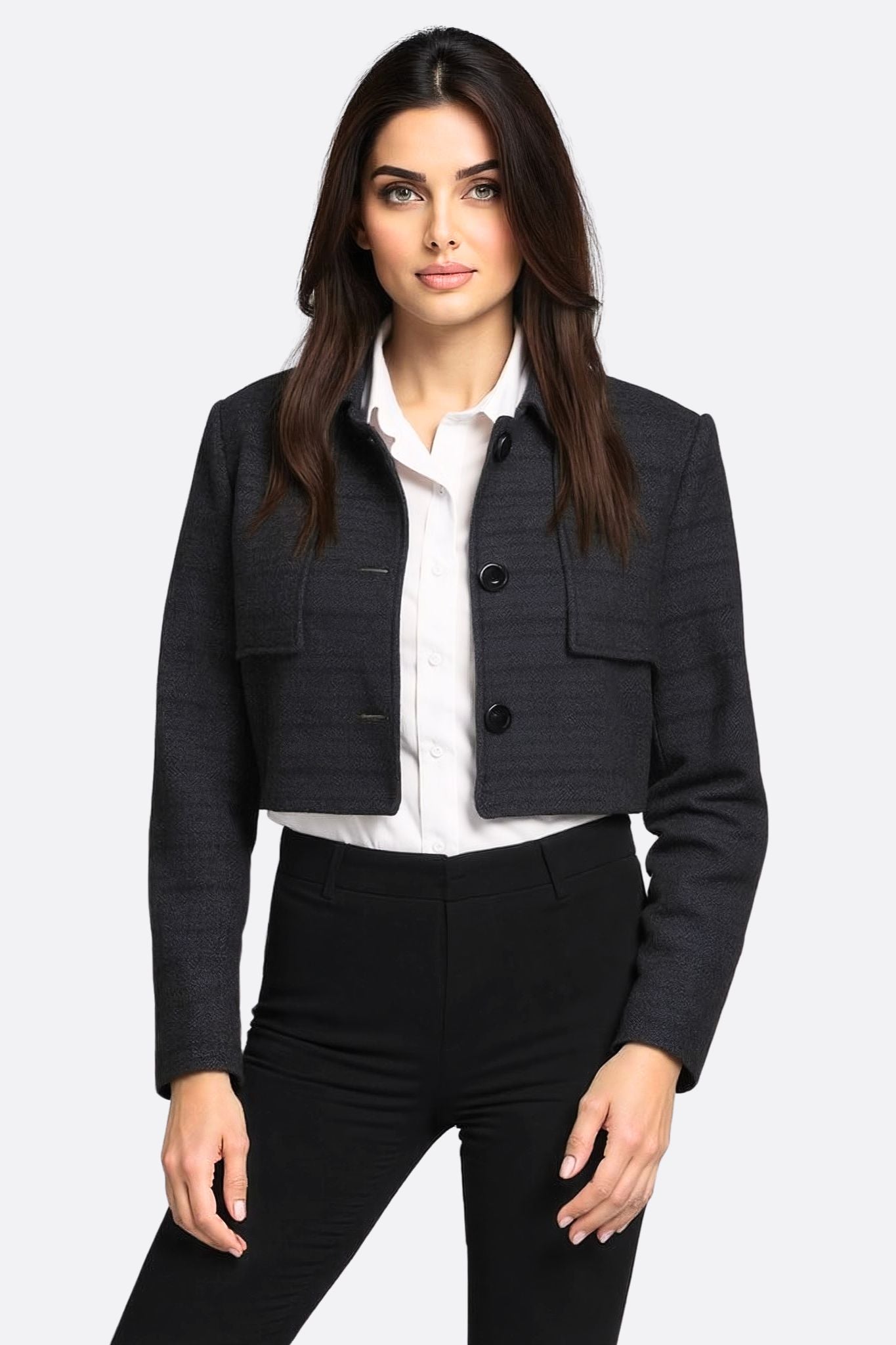 Chaqueta corta negra de tweed con forro de satén