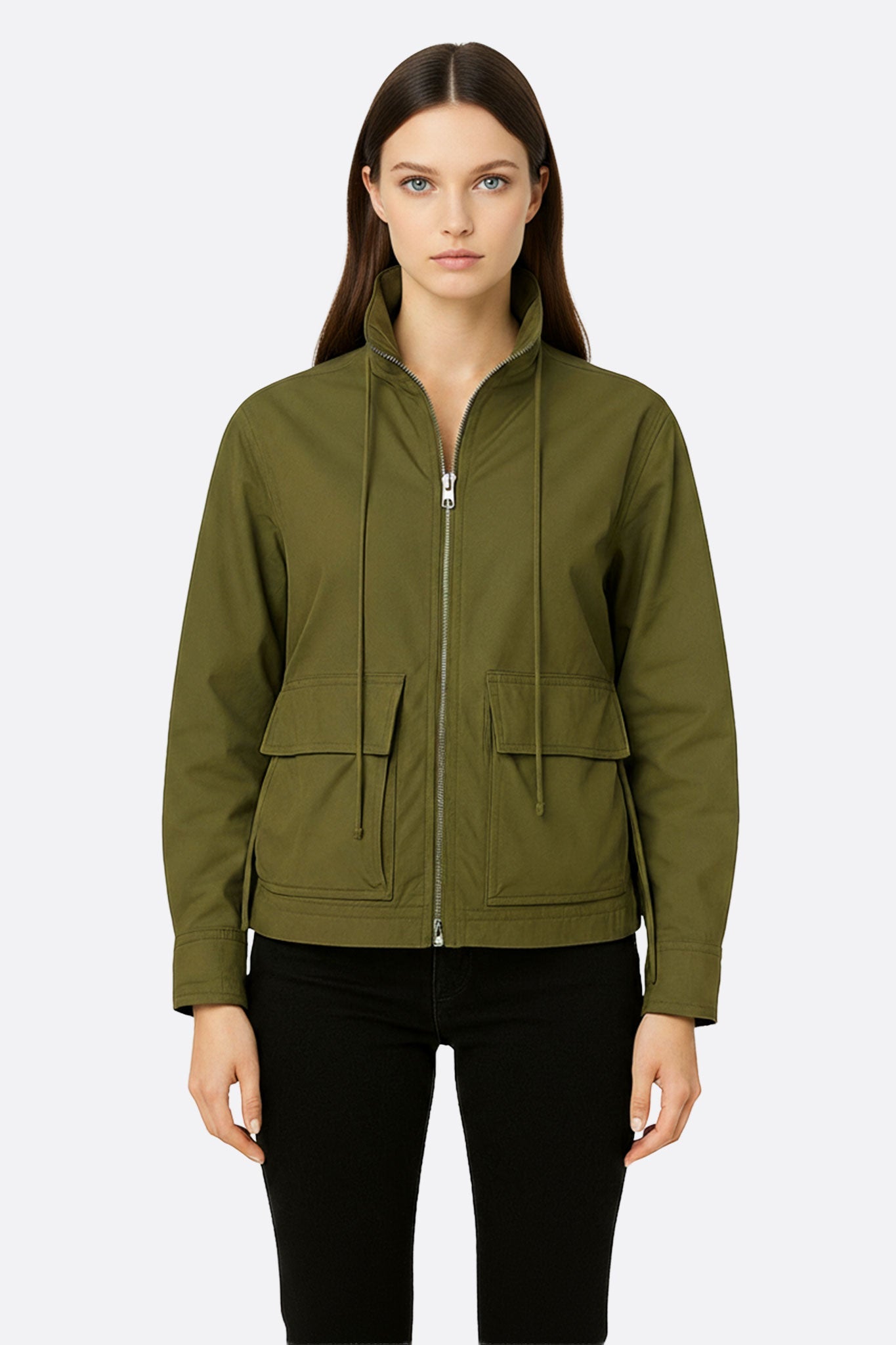 Chaqueta sahariana verde caqui con cordones ajustables